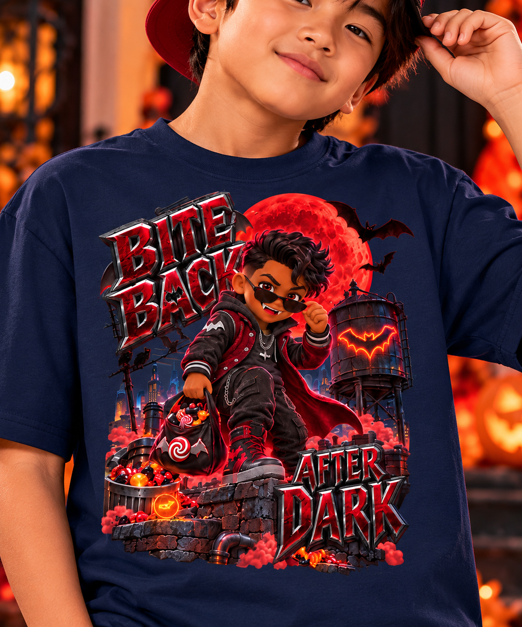 Halloween Vampire Kid Graphic T-Shirt - Bite Back After Dark - Youth Unisex Tee
