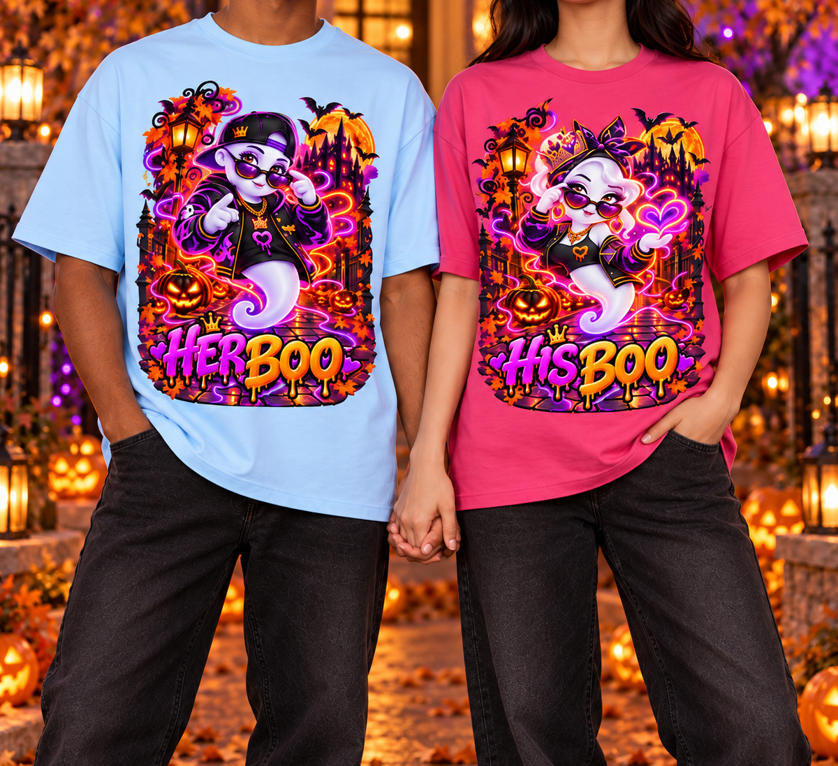 Halloween Her Boo Ghost Oversized Graphic T-Shirt - Couples Halloween Tee - Unisex