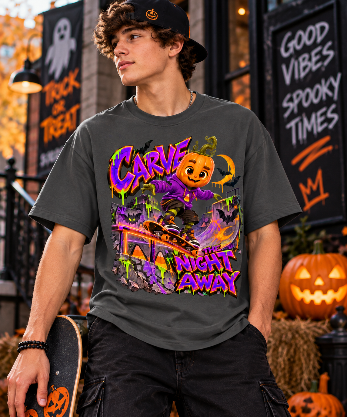 Halloween Pumpkin Skateboard Oversized Graphic T-Shirt - Carve the Night Away - Unisex