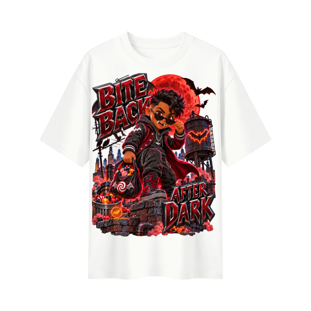 Halloween Kid Vampire Oversized Graphic T-Shirt - Bite Back After Dark - Unisex