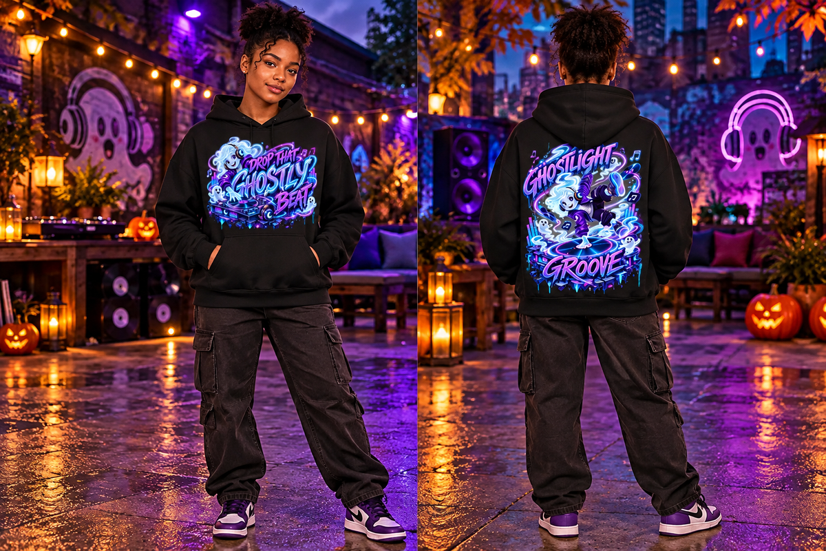 Halloween Ghost DJ Front & Back Graphic Hoodie - Drop That Ghostly Beat - Unisex
