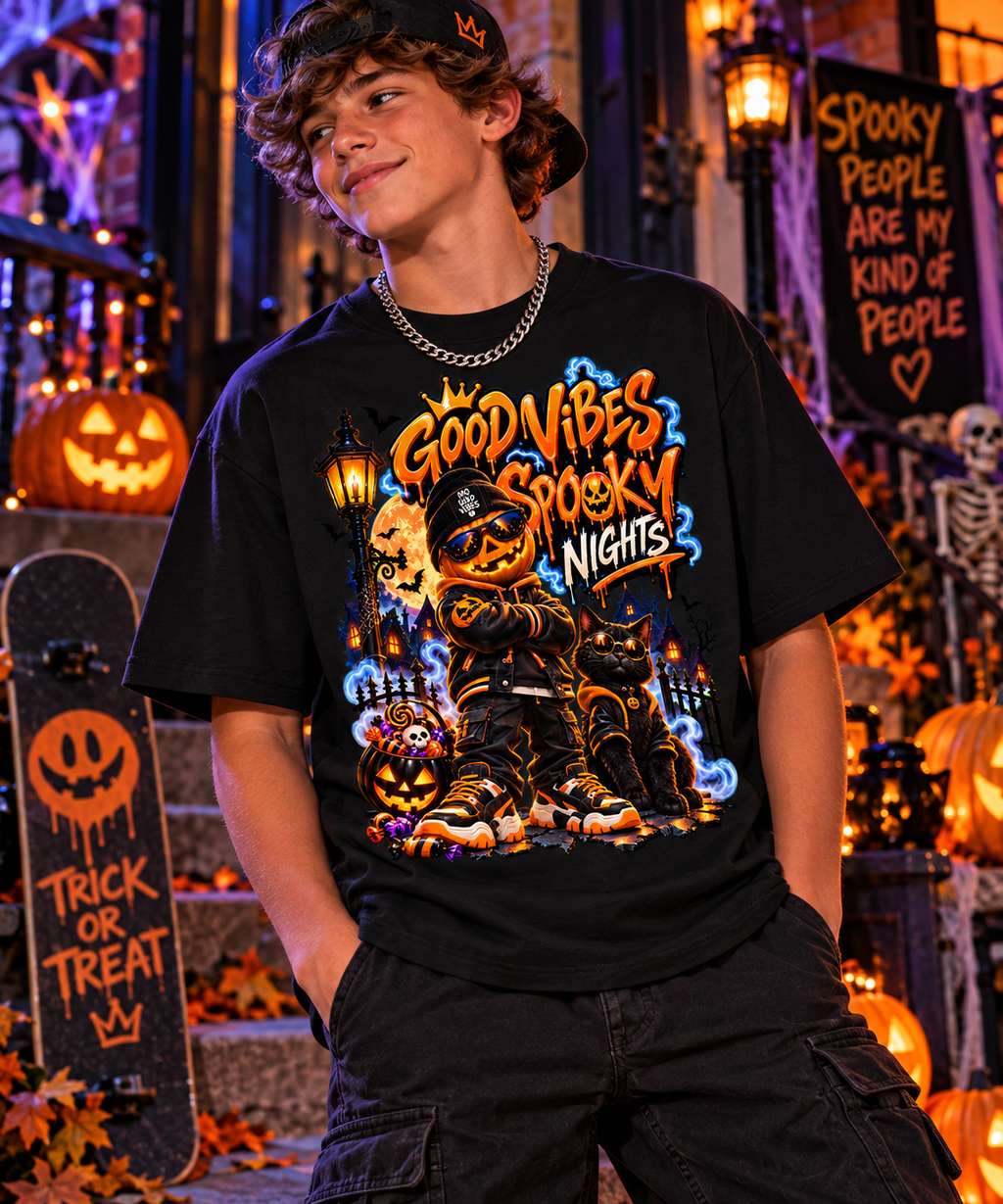 Halloween Pumpkin Kid Oversized Graphic T-Shirt - Good Vibes Spooky Nights - Unisex