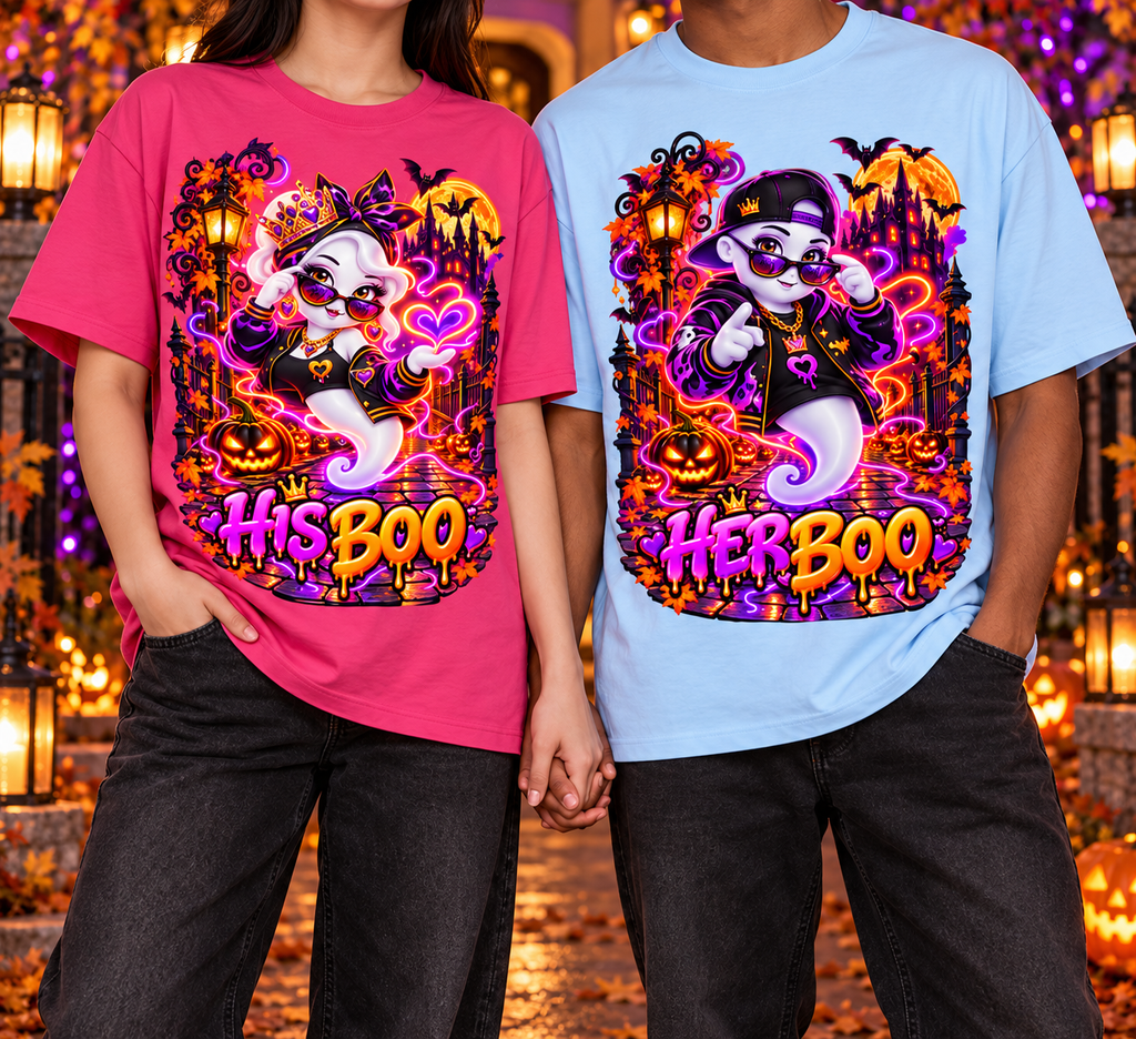 Halloween His Boo Ghost Oversized Graphic T-Shirt - Couples Halloween Tee - Unisex