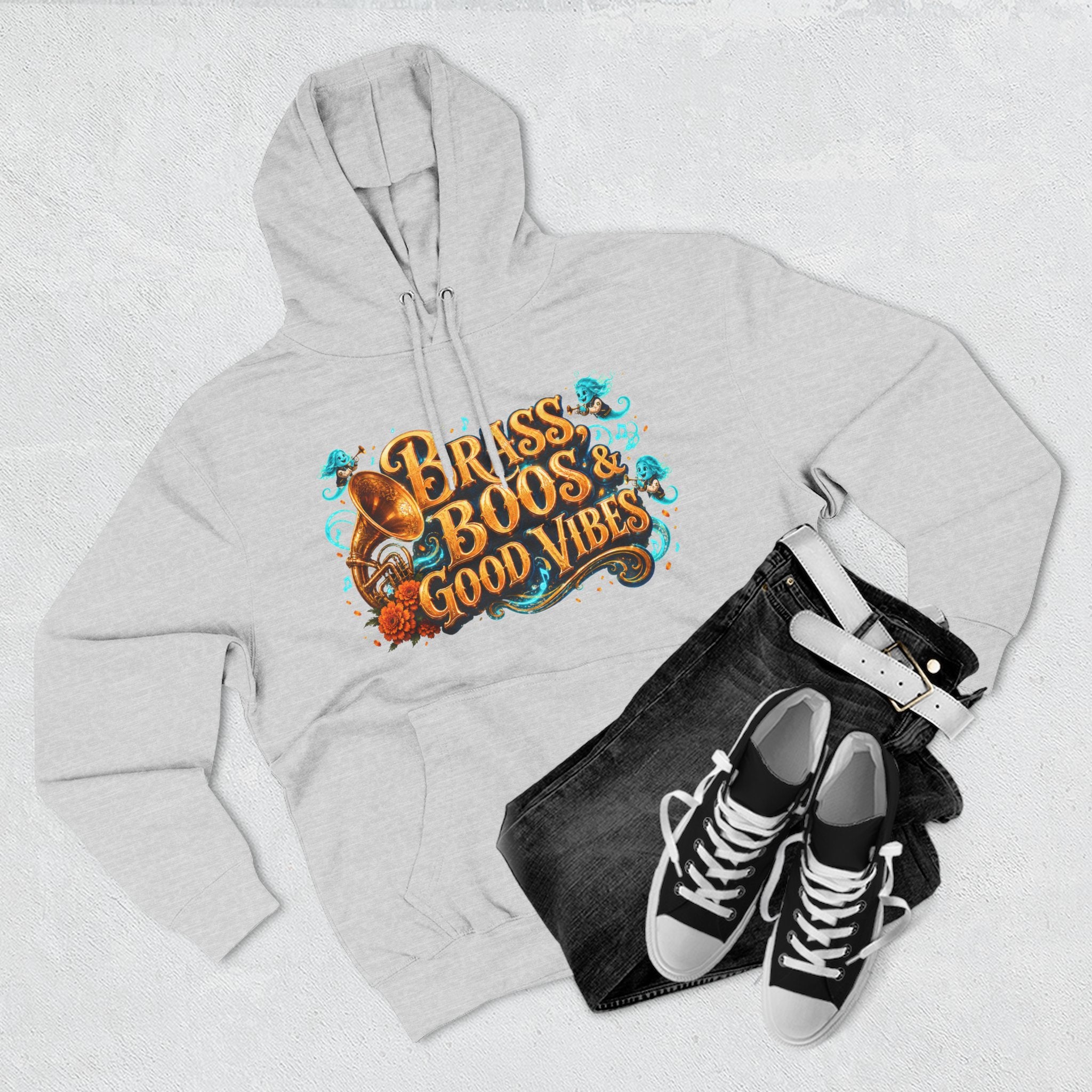 Brass, Boos & Good Vibes — Skeleton Brass Parade Halloween Hoodie | Adult Unisex