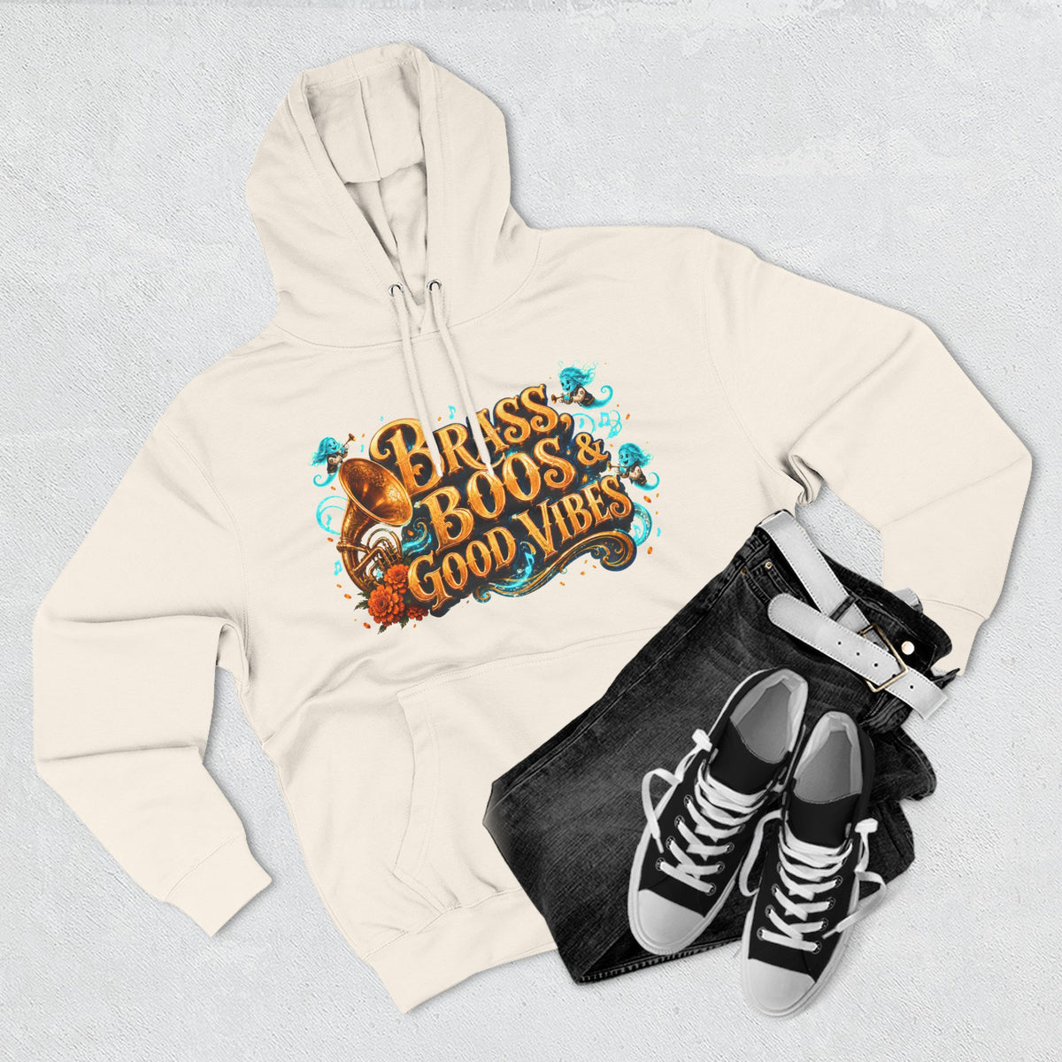Brass, Boos & Good Vibes — Skeleton Brass Parade Halloween Hoodie | Adult Unisex
