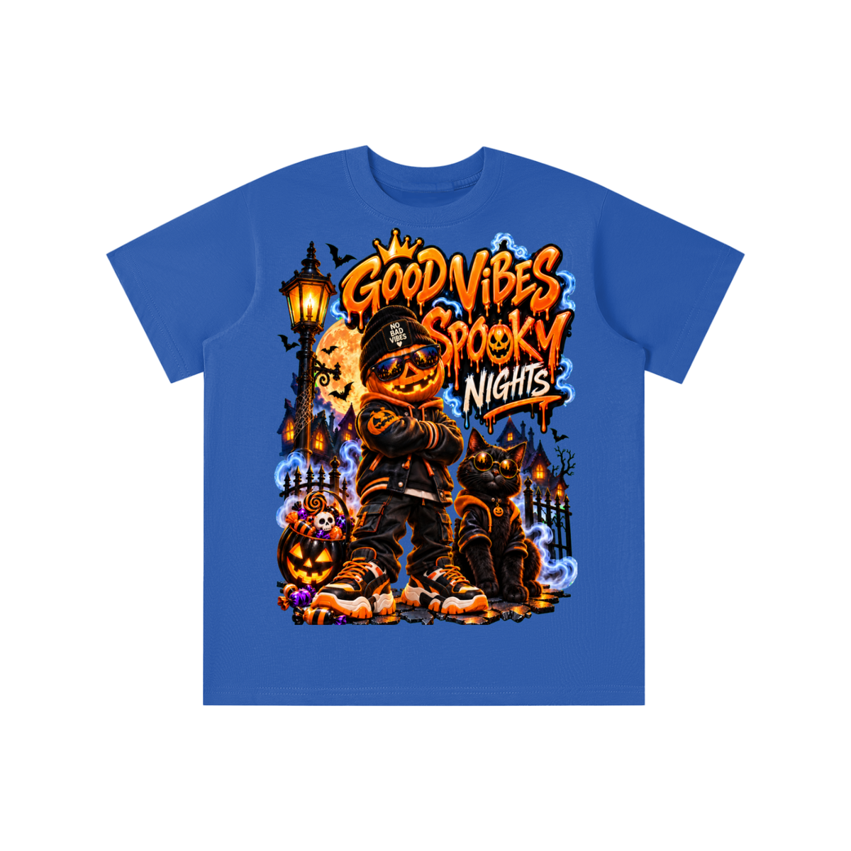 Halloween Pumpkin Kid Graphic T-Shirt - Good Vibes Spooky Nights - Youth Unisex Tee