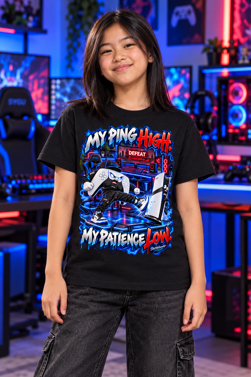 StepYahGameUp™ My Ping High My Patience Low Graphic T-Shirt - Youth Unisex Tee