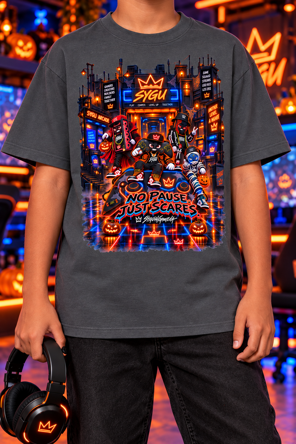 StepYahGameUp™ Halloween Gamer Graphic T-Shirt - No Pause Just Scares - Youth Unisex