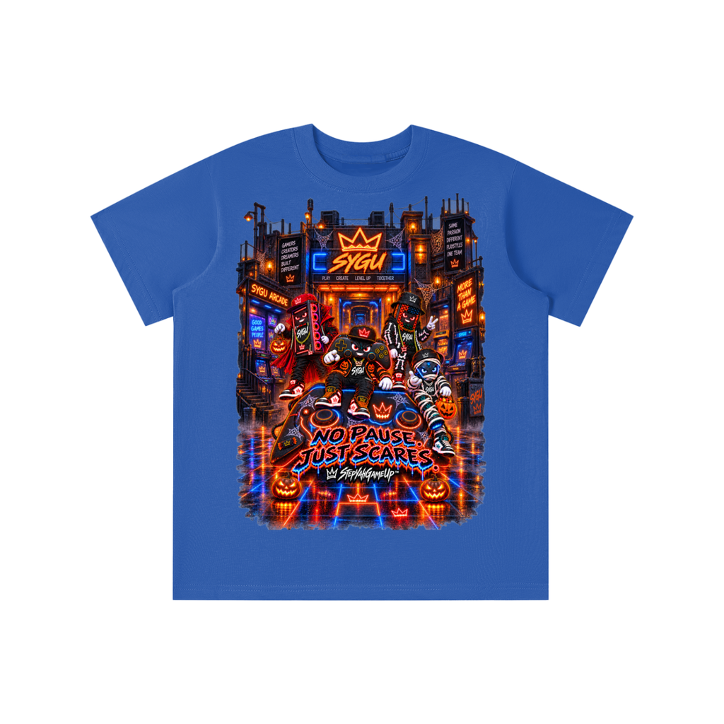 StepYahGameUp™ Halloween Gamer Graphic T-Shirt - No Pause Just Scares - Youth Unisex