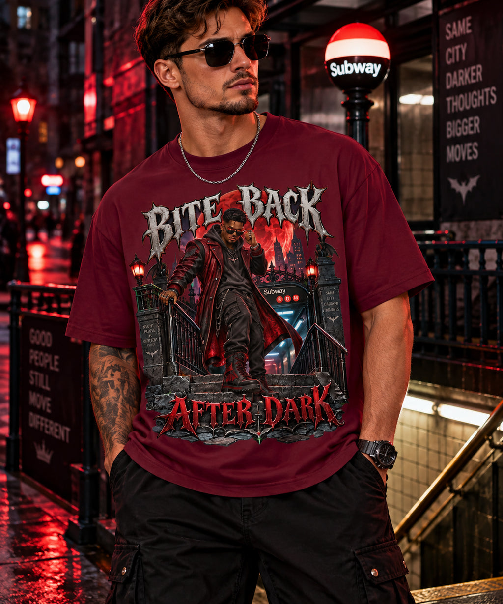 Halloween Urban Vampire Oversized Graphic T-Shirt - Bite Back After Dark - Unisex