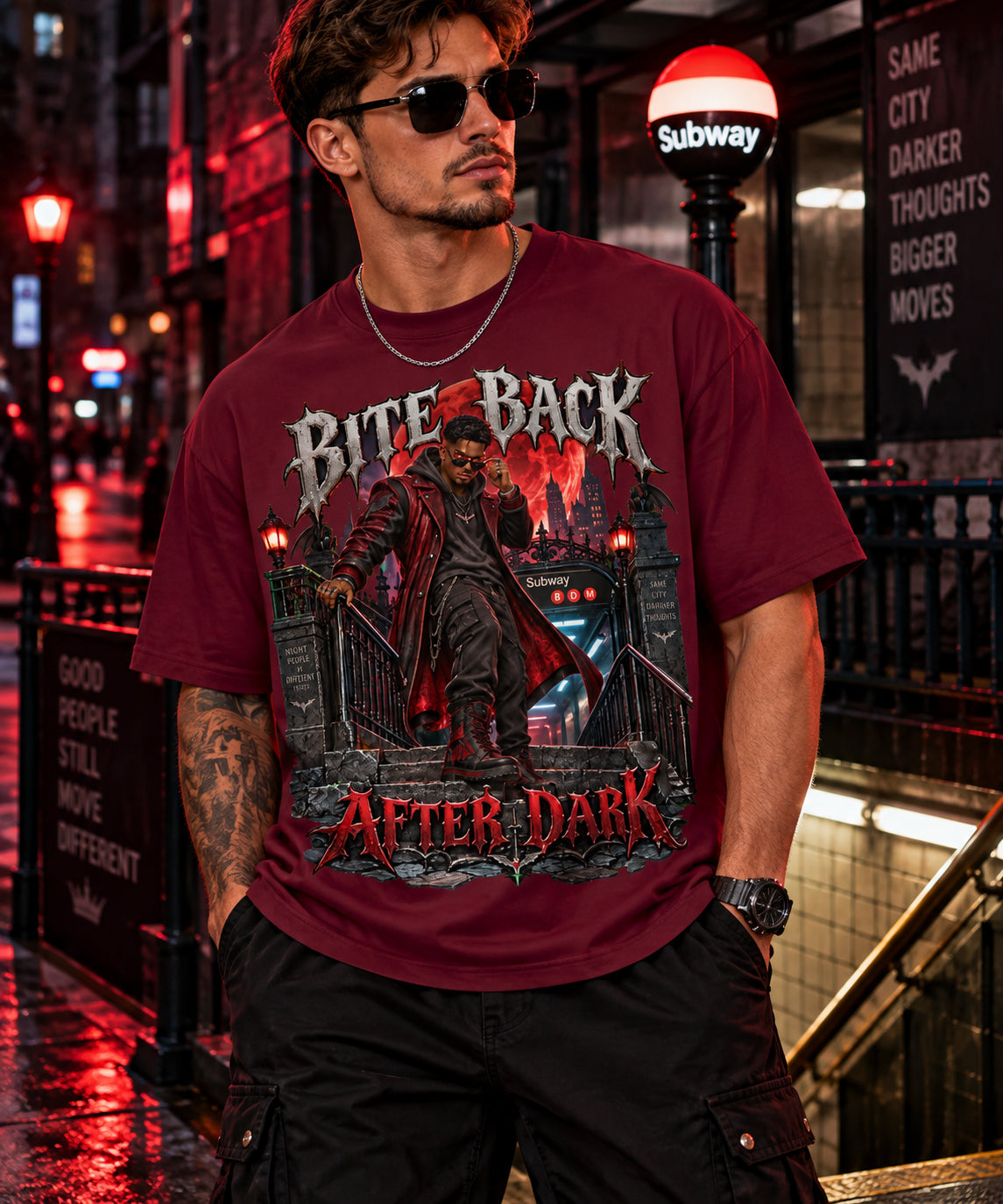 Halloween Urban Vampire Oversized Graphic T-Shirt - Bite Back After Dark - Unisex