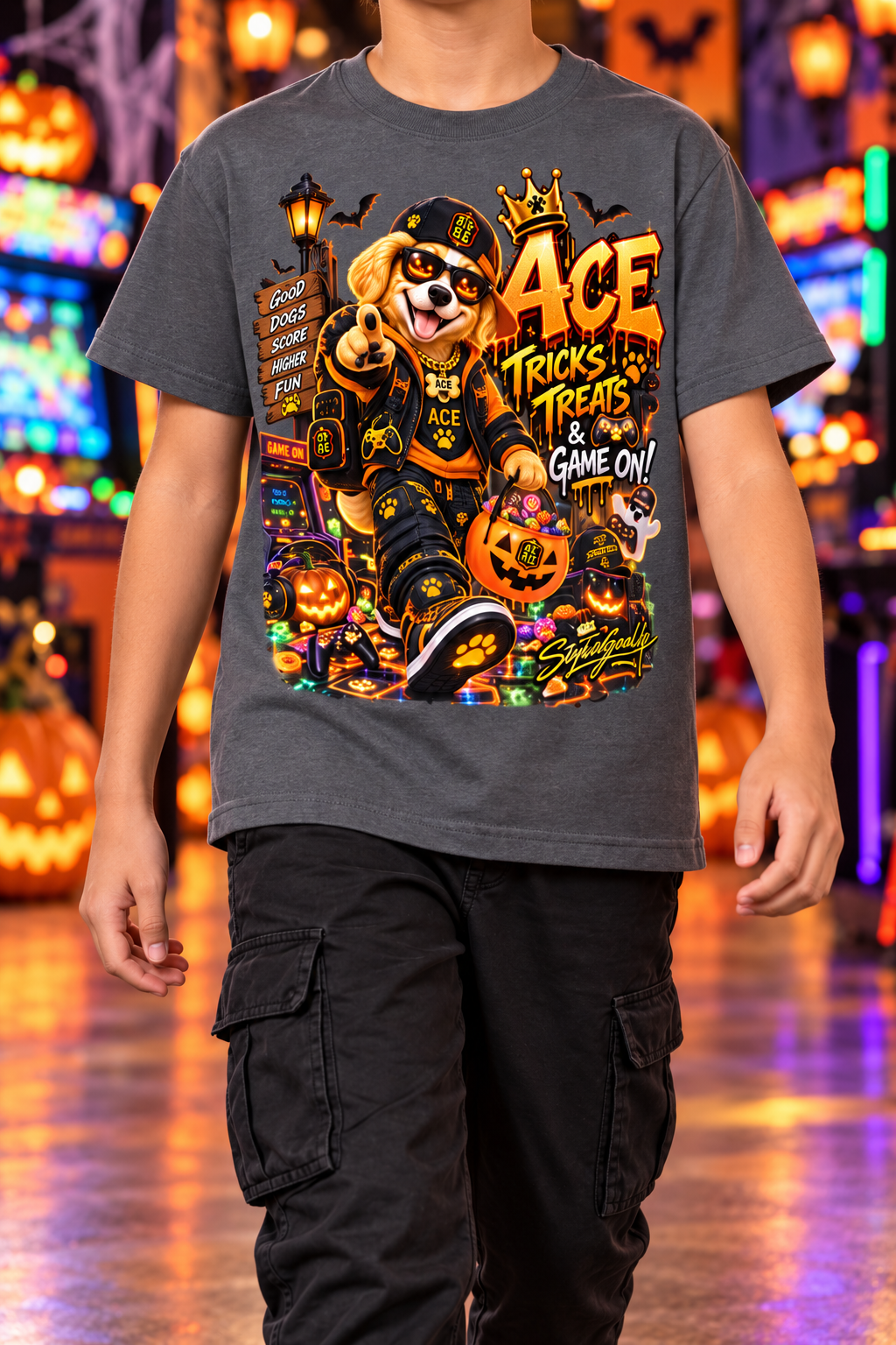 StepYahGameUp Halloween Gamer Dog Graphic T-Shirt - Tricks & Treats, Game On! - Youth Unisex Tee