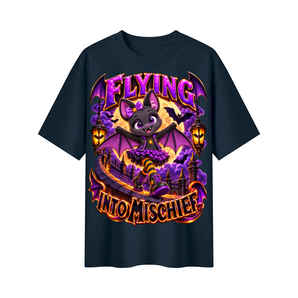 Halloween Bat Girl Oversized Graphic T-Shirt - Flying Into Mischief - Unisex