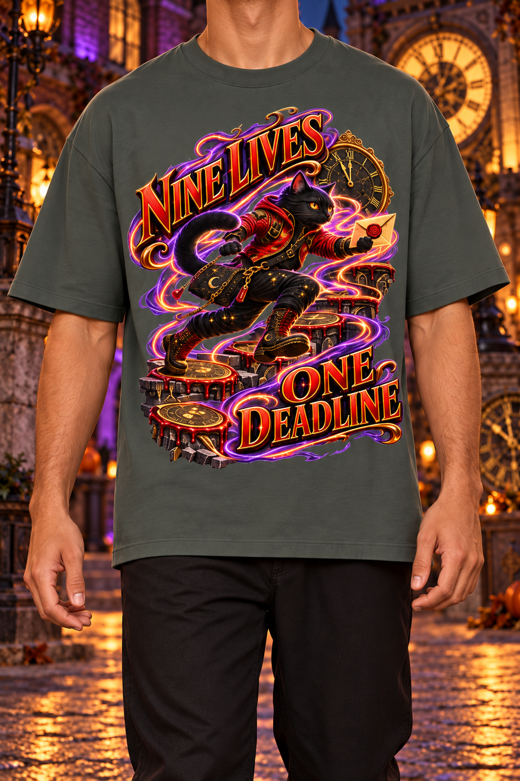 Halloween Nine Lives One Deadline Black Cat Oversized Graphic T-Shirt - Unisex