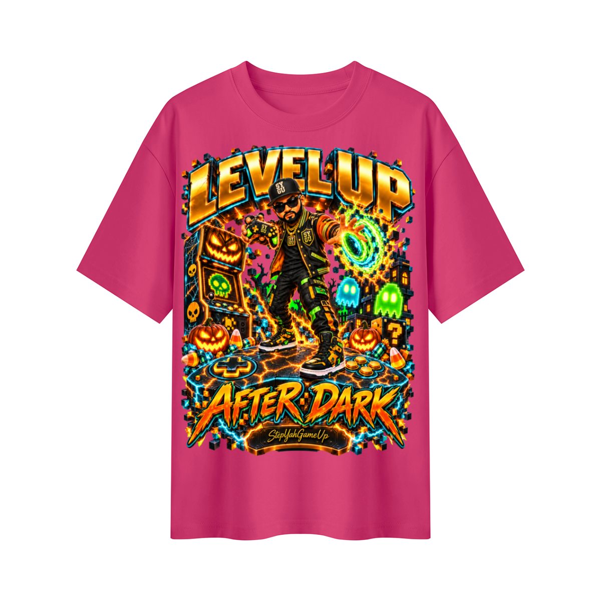 StepYahGameUp Halloween Arcade Gamer Oversized Graphic T-Shirt - Level Up After Dark - Unisex