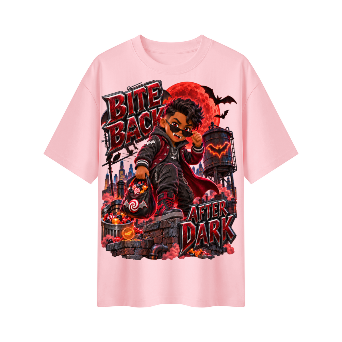 Halloween Kid Vampire Oversized Graphic T-Shirt - Bite Back After Dark - Unisex
