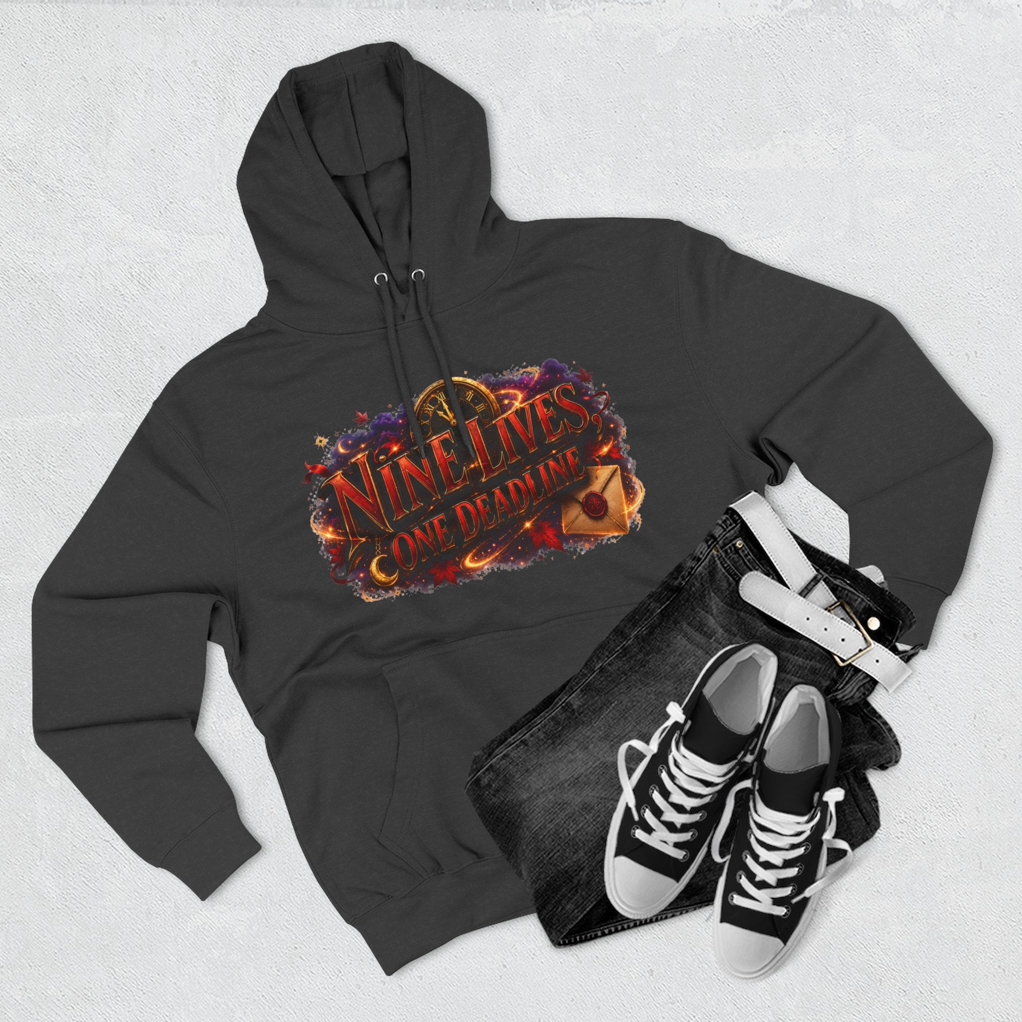 Nine Lives, One Deadline — Black Cat Spell Runner Halloween Hoodie | Adult Unisex