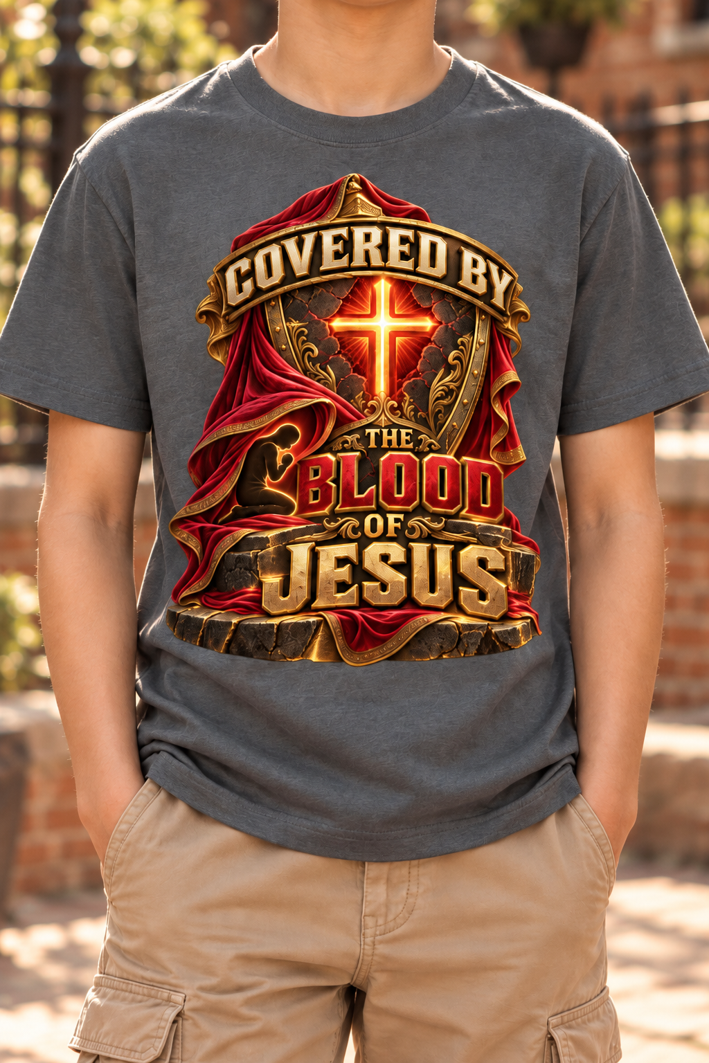 Walk by Faith™ Covered by the Blood of Jesus Graphic T-Shirt - Youth Unisex Tee