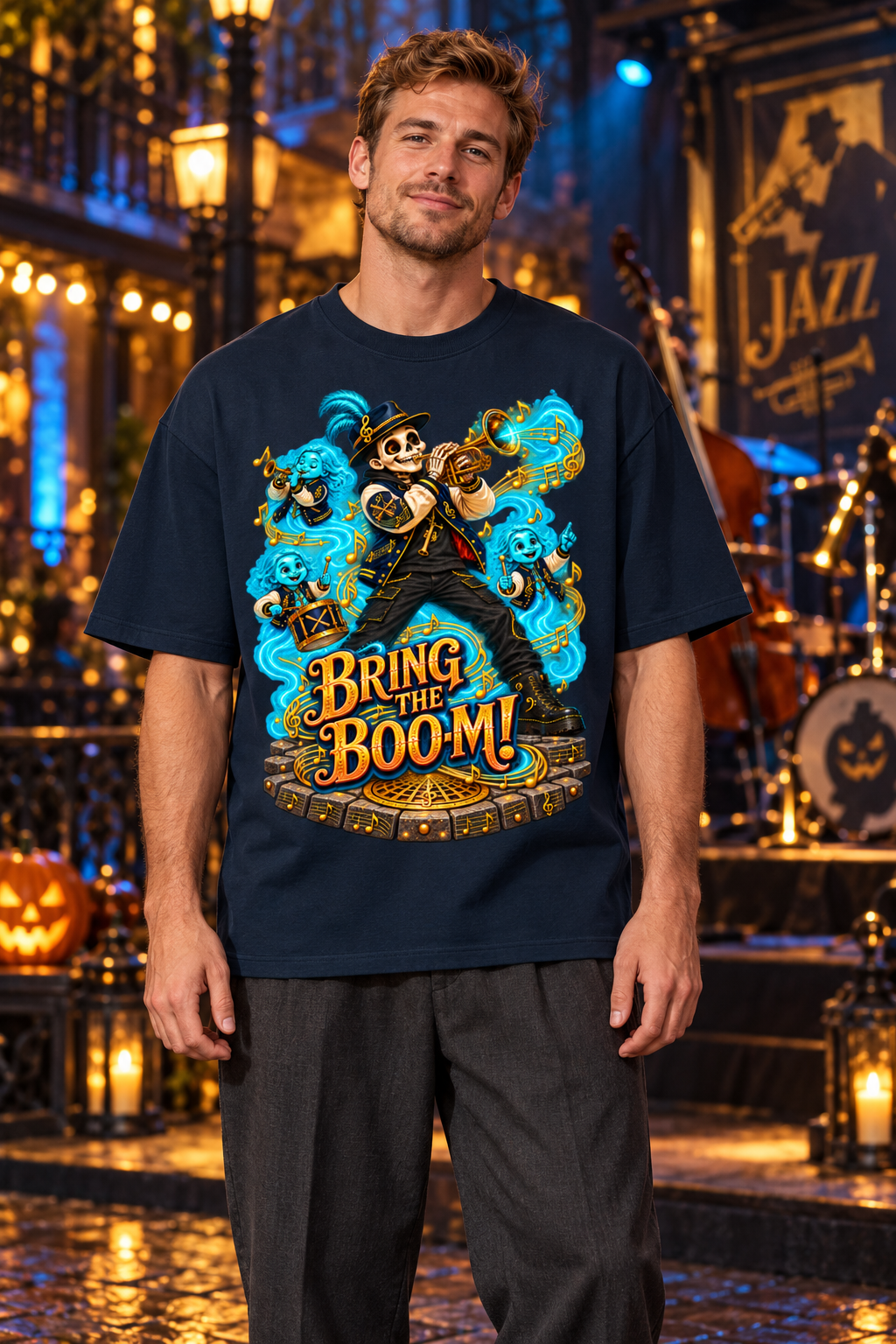 Halloween Bring the Boom Ghost Band Oversized Graphic T-Shirt - Unisex
