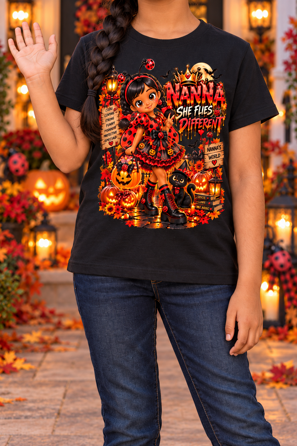 Nanna’s World™ Dream Big Halloween Ladybug Girl Graphic T-Shirt - She Flies Different - Youth Unisex Tee
