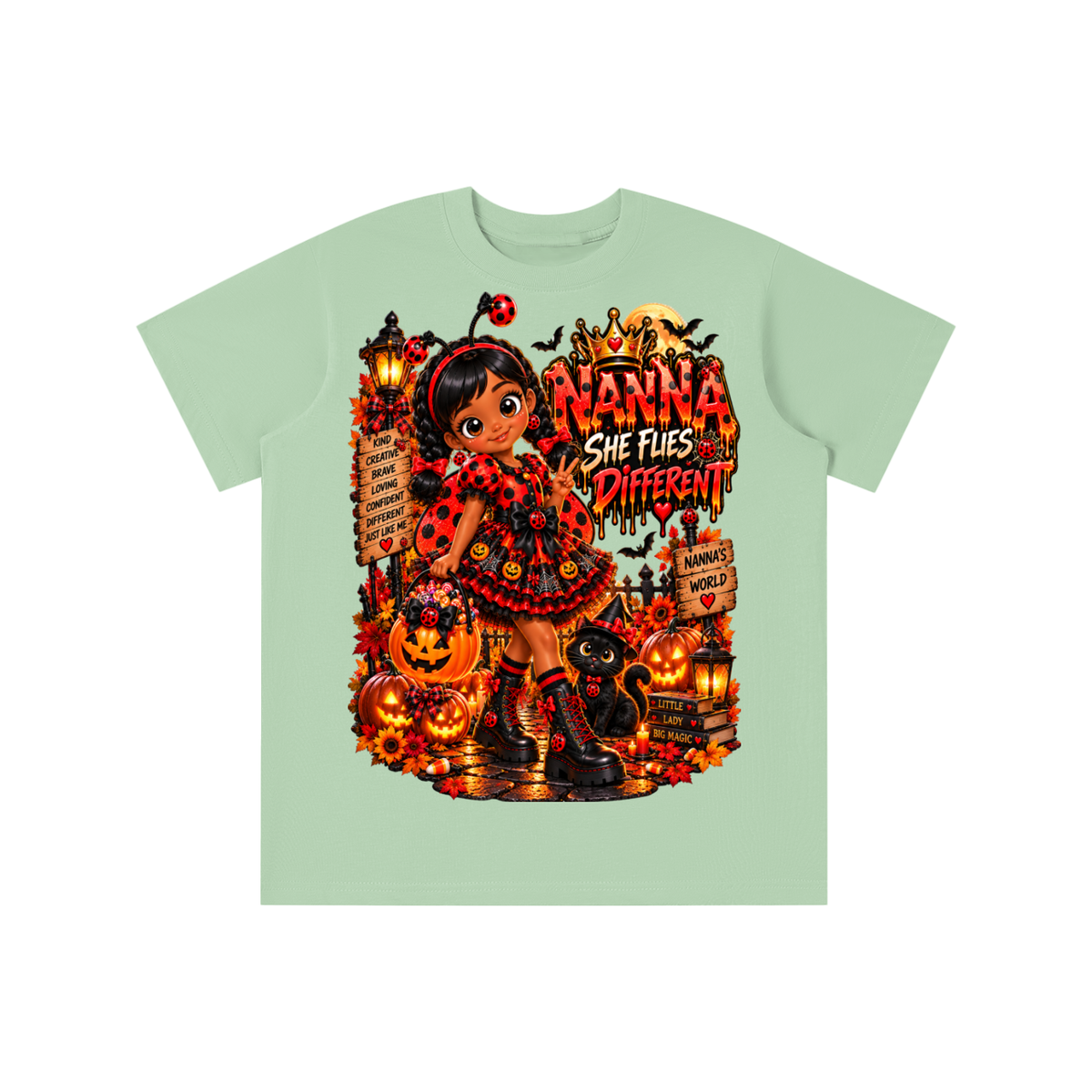Nanna’s World™ Dream Big Halloween Ladybug Girl Graphic T-Shirt - She Flies Different - Youth Unisex Tee