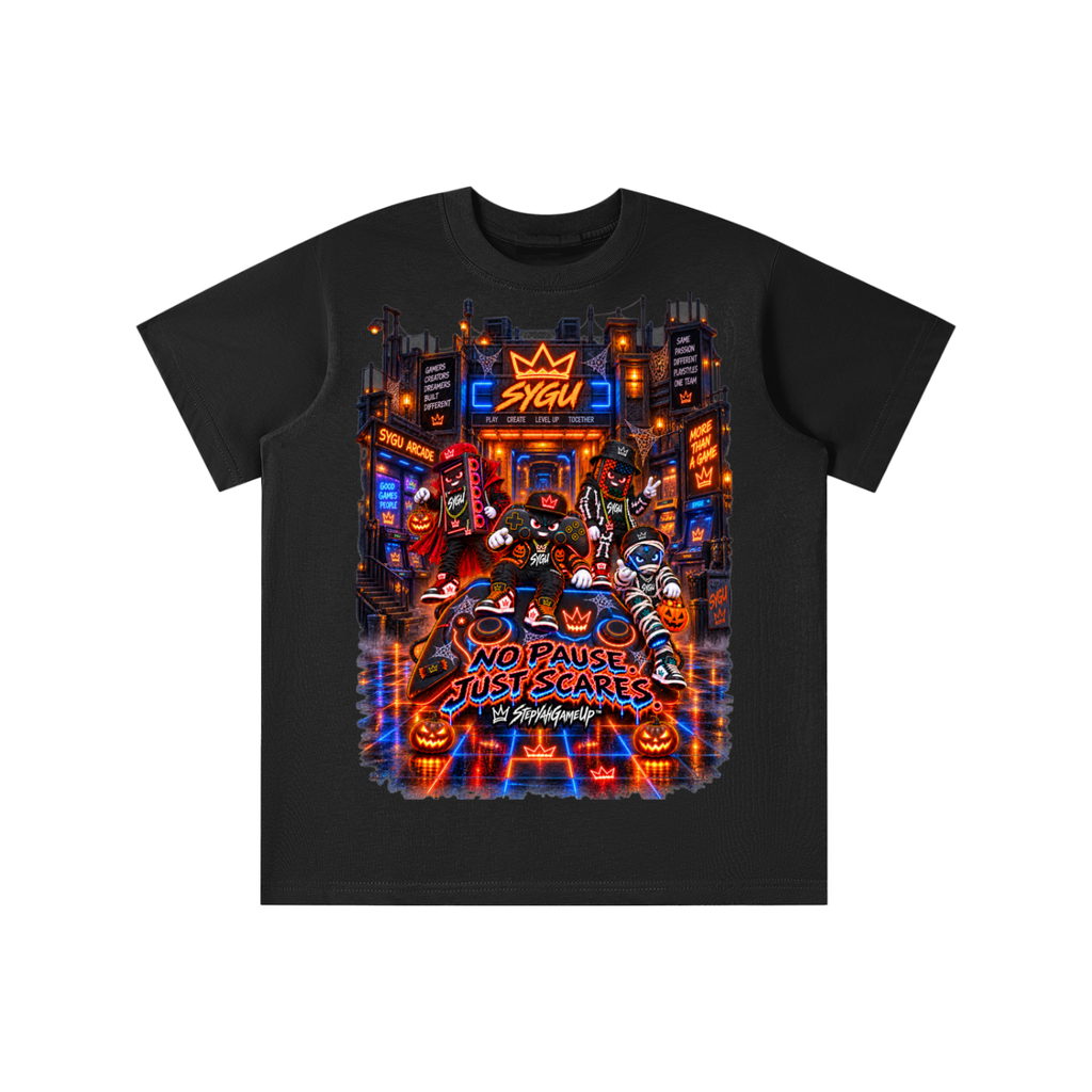 StepYahGameUp™ Halloween Gamer Graphic T-Shirt - No Pause Just Scares - Youth Unisex