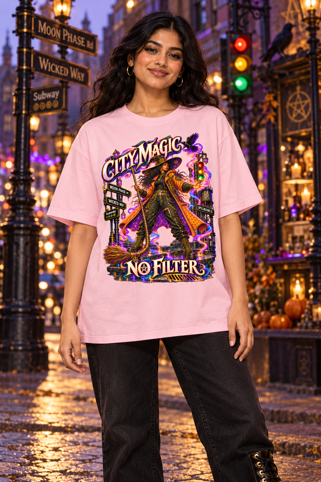 Halloween City Magic No Filter Witch Oversized Graphic T-Shirt - Unisex