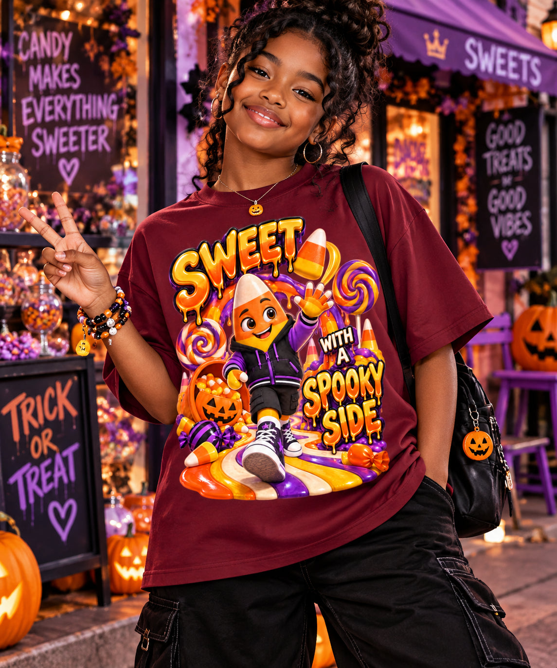 Halloween Candy Corn Oversized Graphic T-Shirt - Sweet With a Spooky Side - Unisex
