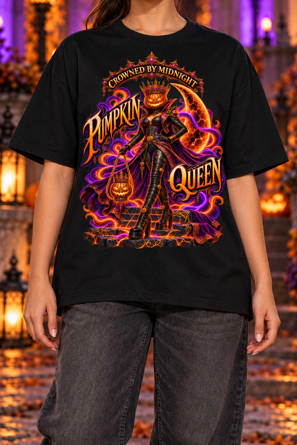 Halloween Pumpkin Queen Oversized Graphic T-Shirt - Crowned by Midnight - Unisex
