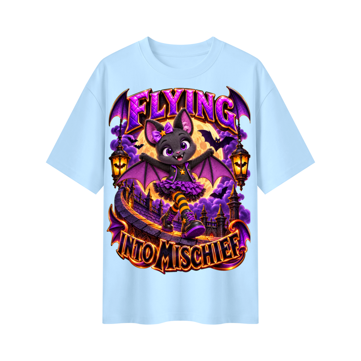 Halloween Bat Girl Oversized Graphic T-Shirt - Flying Into Mischief - Unisex