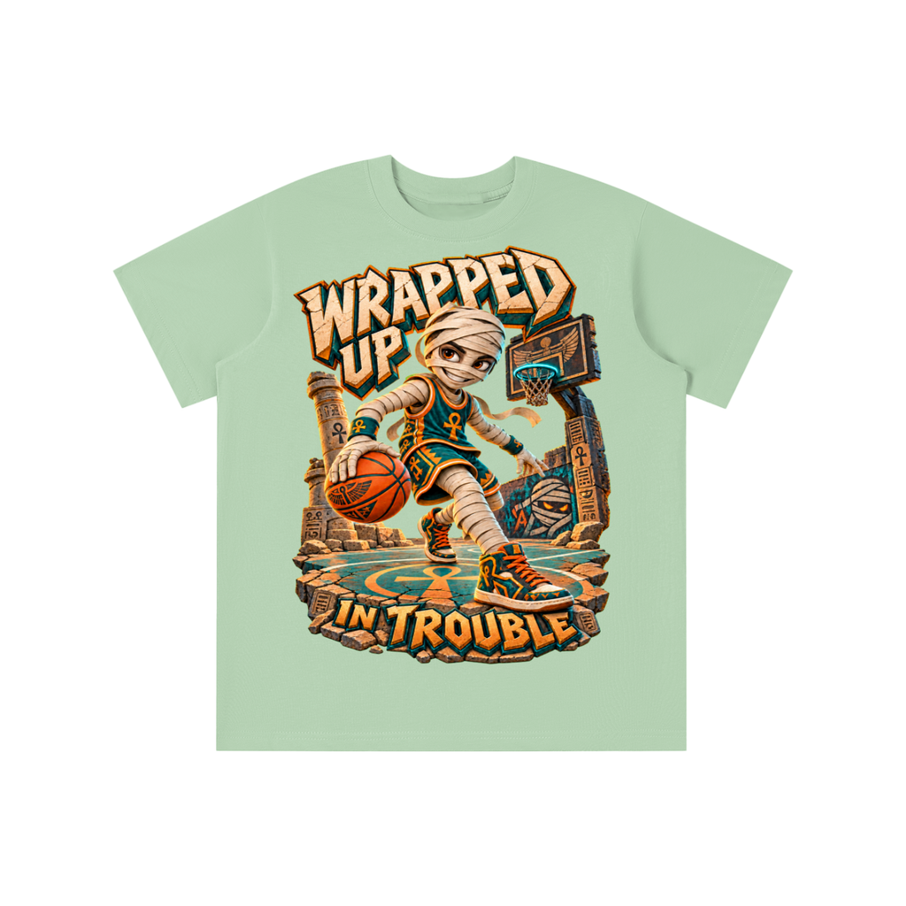 Halloween Mummy Basketball Graphic T-Shirt - Wrapped Up in Trouble - Youth Unisex Tee