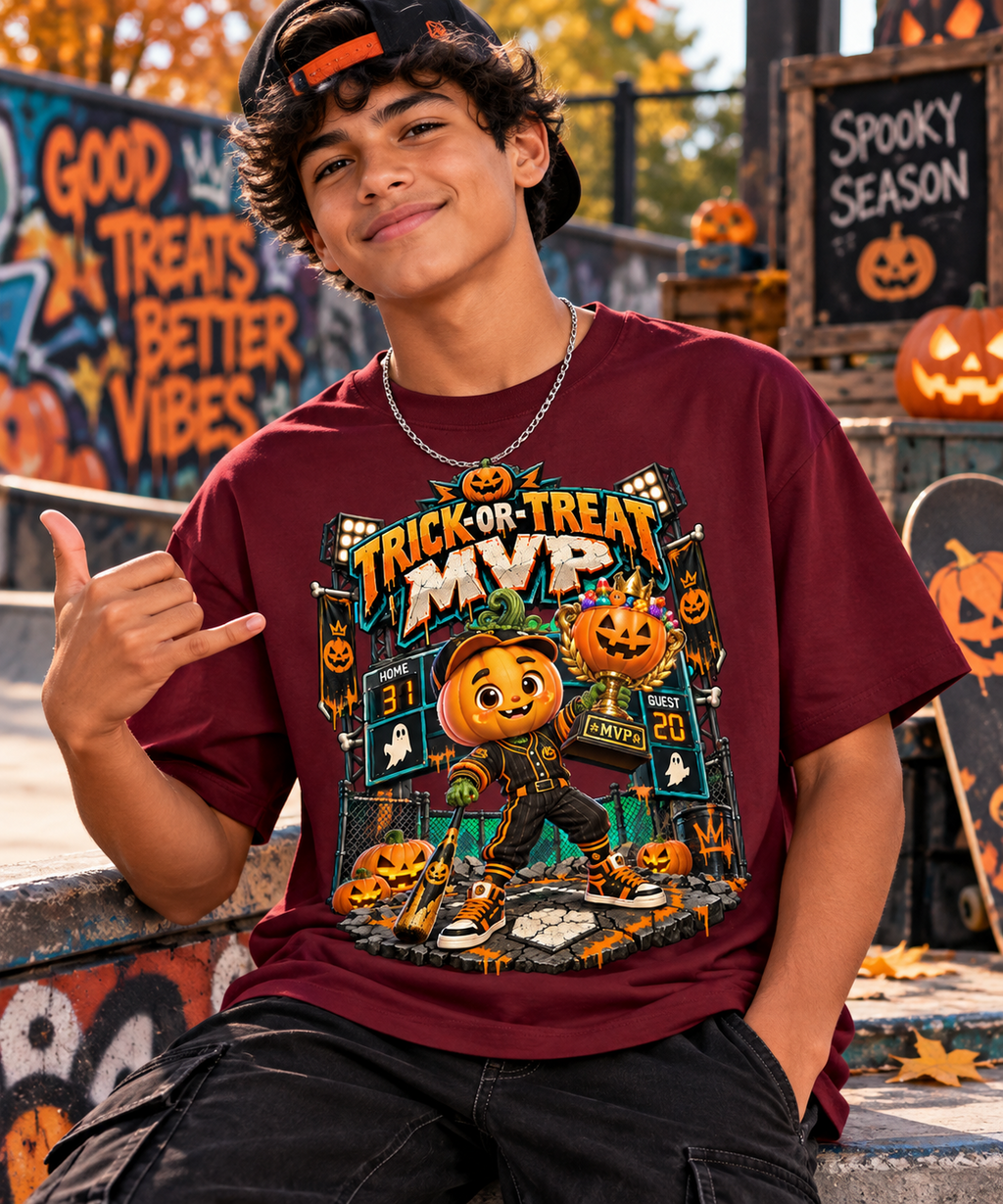 Halloween Pumpkin Baseball Oversized Graphic T-Shirt - Trick-or-Treat MVP - Unisex