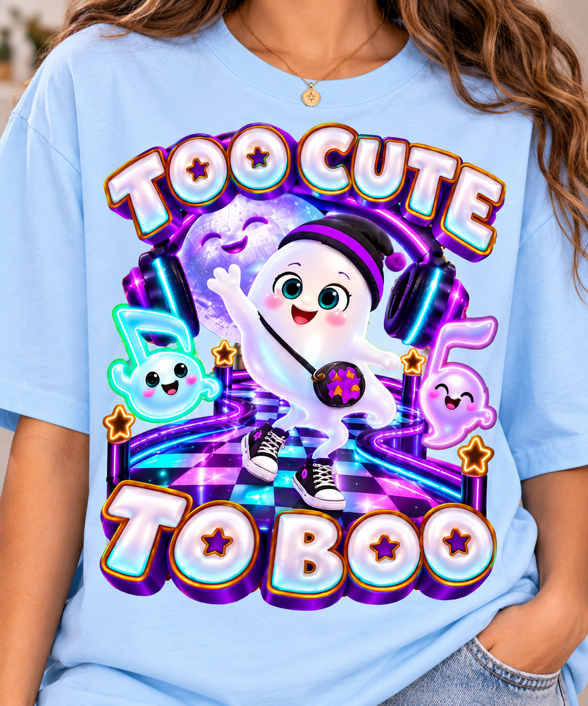 Halloween Cute Ghost Oversized Graphic T-Shirt - Too Cute to Boo - Unisex