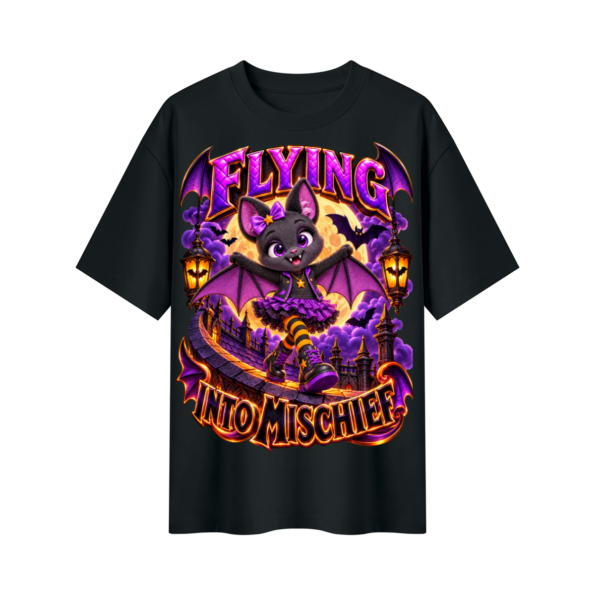 Halloween Bat Girl Oversized Graphic T-Shirt - Flying Into Mischief - Unisex