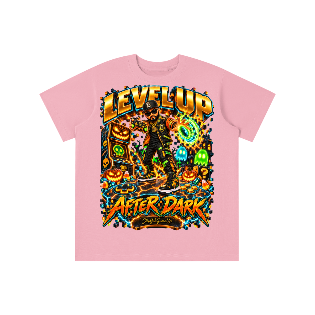 StepYahGameUp Halloween Arcade Gamer Graphic T-Shirt - Level Up After Dark - Youth Unisex Tee