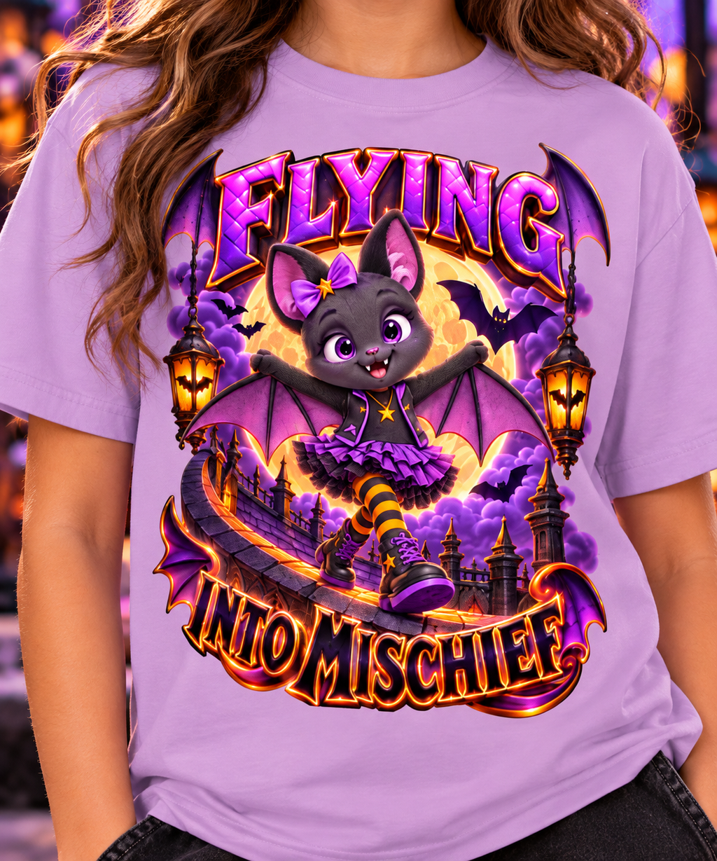 Halloween Cute Bat Graphic T-Shirt - Flying Into Mischief - Youth Unisex Tee