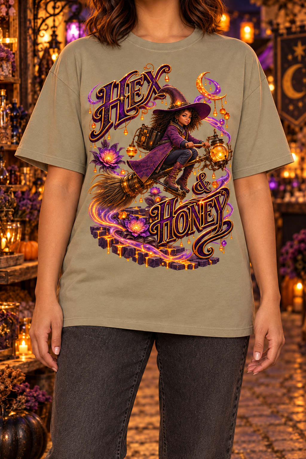 Halloween Hex & Honey Witch Oversized Graphic T-Shirt - Unisex