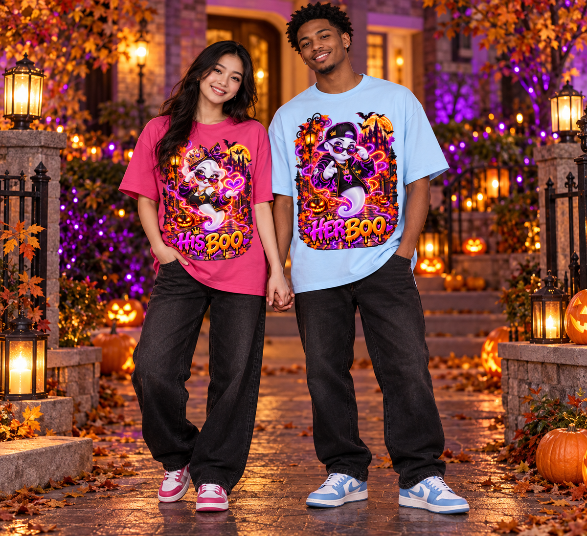 Halloween His Boo Ghost Oversized Graphic T-Shirt - Couples Halloween Tee - Unisex