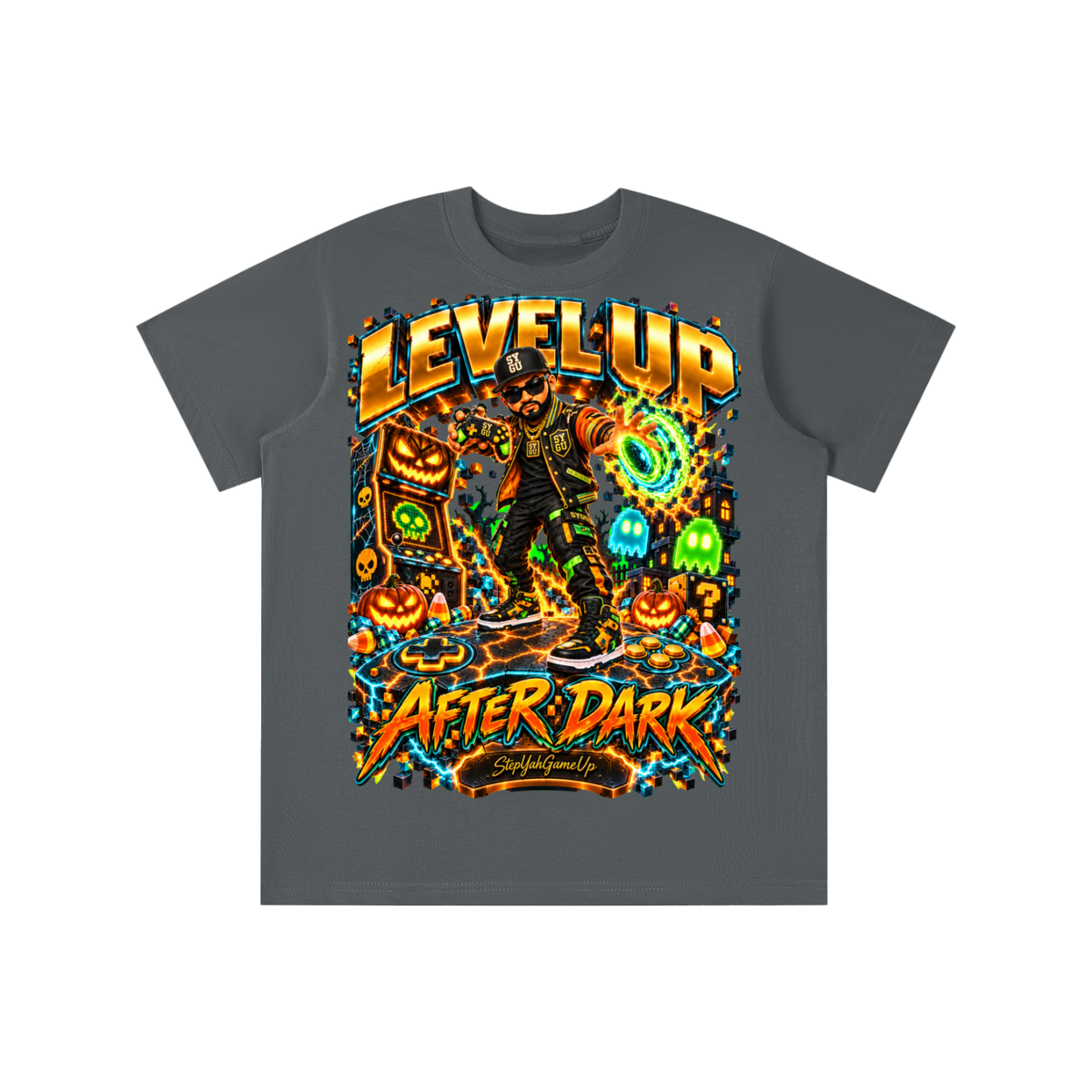 StepYahGameUp Halloween Arcade Gamer Graphic T-Shirt - Level Up After Dark - Youth Unisex Tee