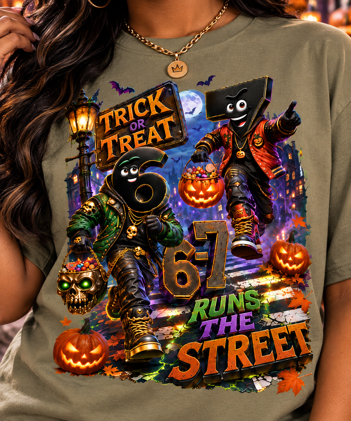 Halloween Trick or Treat Duo Oversized Graphic T-Shirt - 6-7 Runs the Street - Unisex