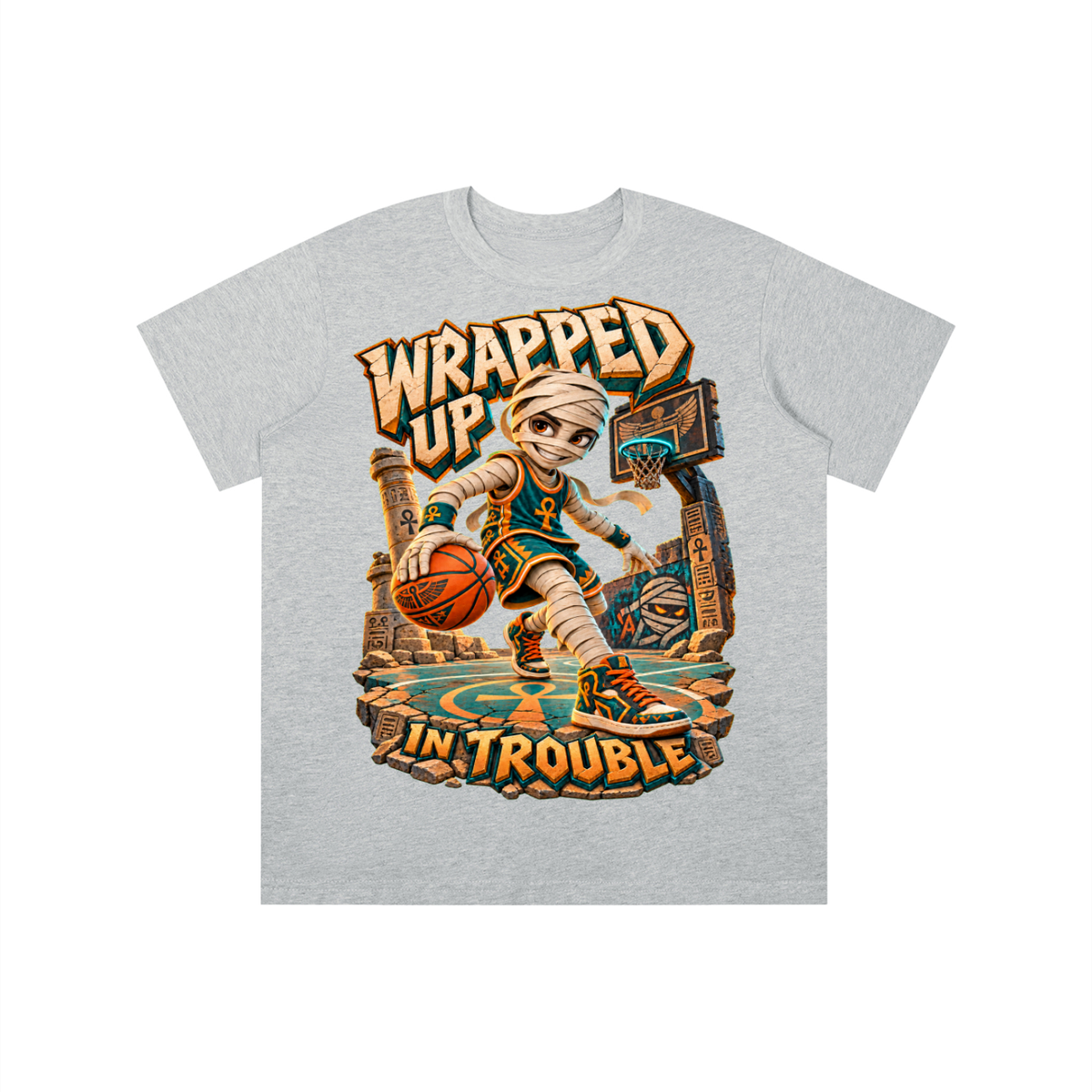 Halloween Mummy Basketball Graphic T-Shirt - Wrapped Up in Trouble - Youth Unisex Tee