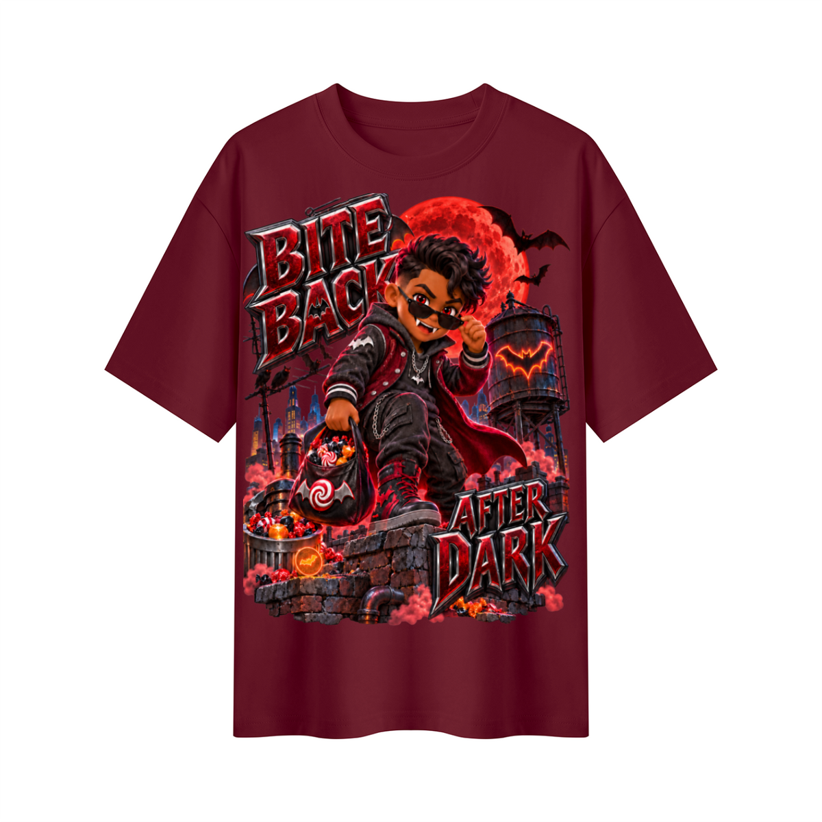Halloween Kid Vampire Oversized Graphic T-Shirt - Bite Back After Dark - Unisex