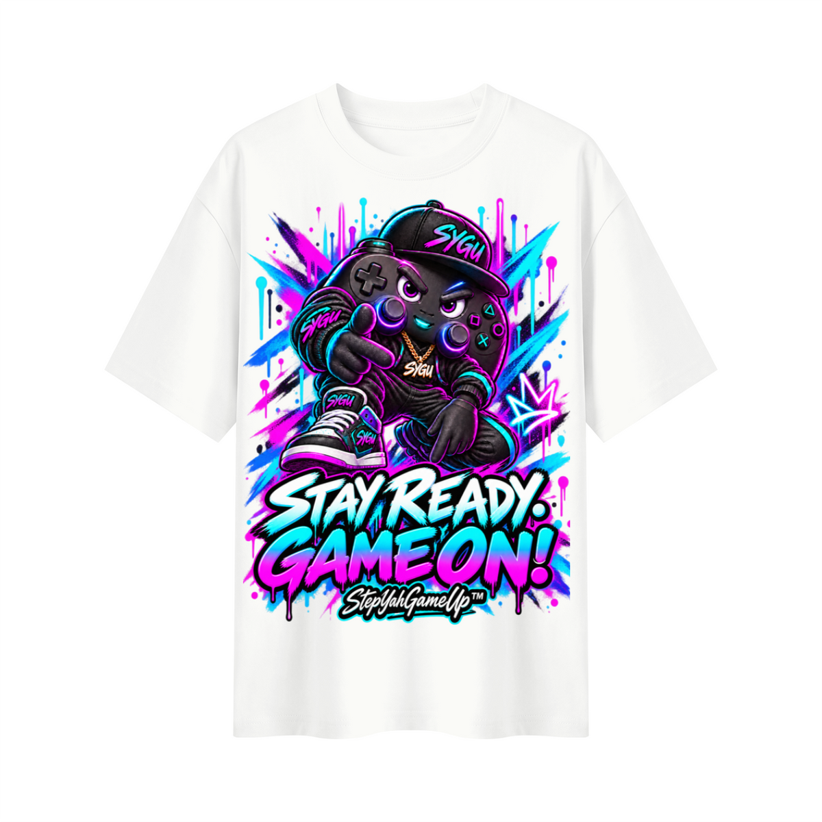 StepYahGameUp Graffiti Gamer Oversized Graphic T-Shirt - Stay Ready, Game On! - Unisex
