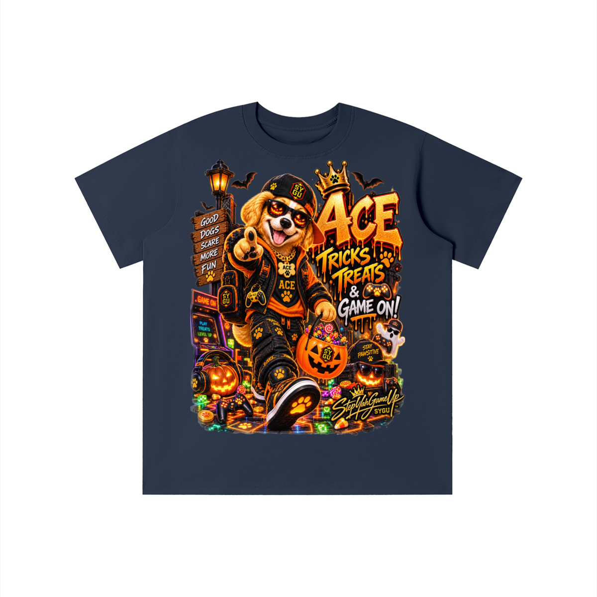 StepYahGameUp Halloween Gamer Dog Graphic T-Shirt - Tricks & Treats, Game On! - Youth Unisex Tee