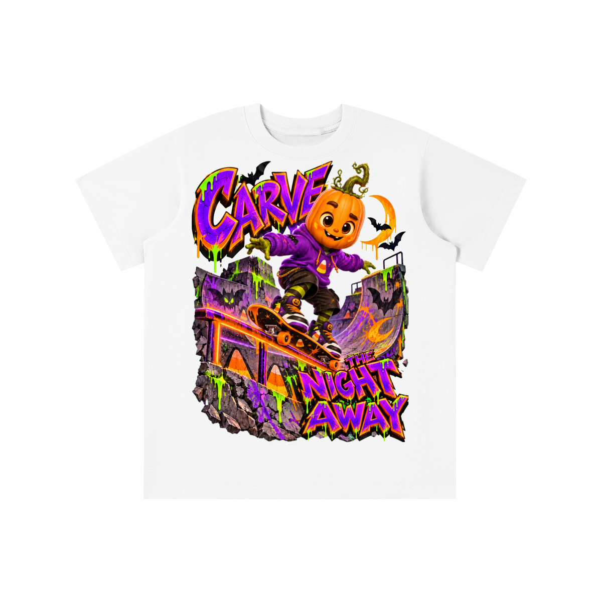 Halloween Pumpkin Skateboarder Graphic T-Shirt - Carve the Night Away - Youth Unisex Tee