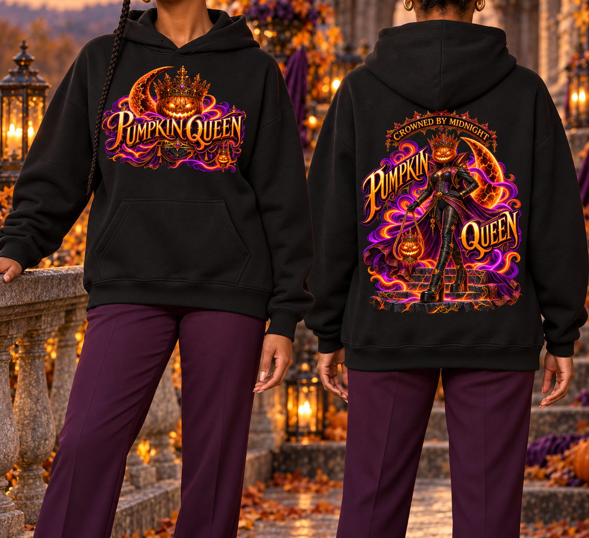 Halloween Pumpkin Queen Front & Back Graphic Hoodie - Crowned by Midnight - Unisex