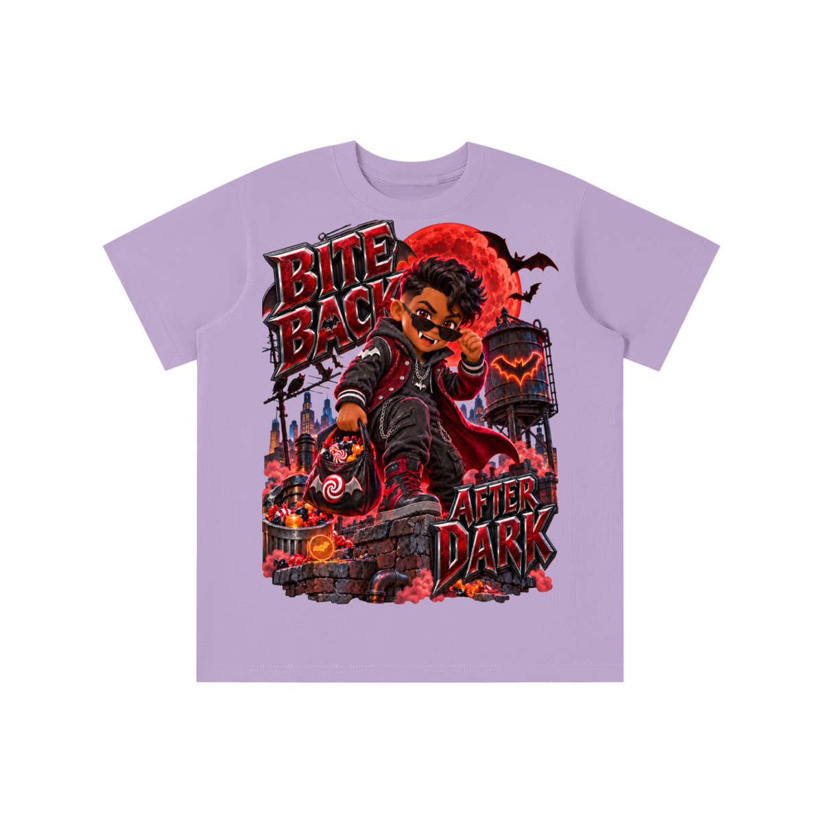 Halloween Vampire Kid Graphic T-Shirt - Bite Back After Dark - Youth Unisex Tee