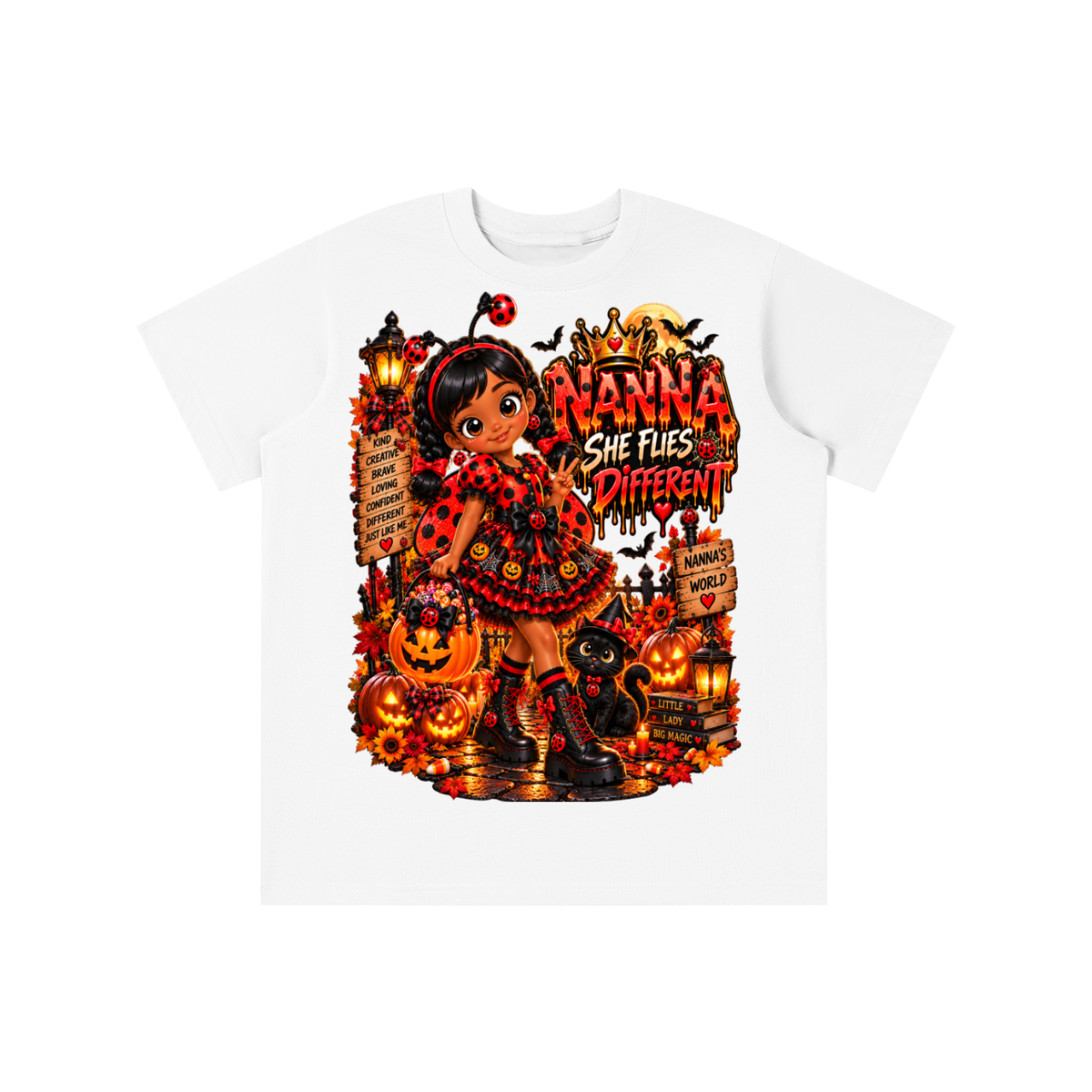 Nanna’s World™ Dream Big Halloween Ladybug Girl Graphic T-Shirt - She Flies Different - Youth Unisex Tee