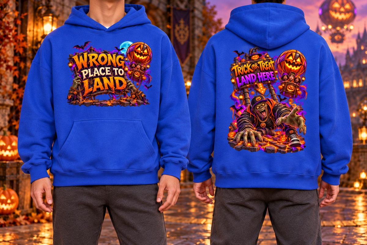 Halloween Wrong Place to Land Front & Back Graphic Hoodie - Trick or Treat Land Here - Unisex