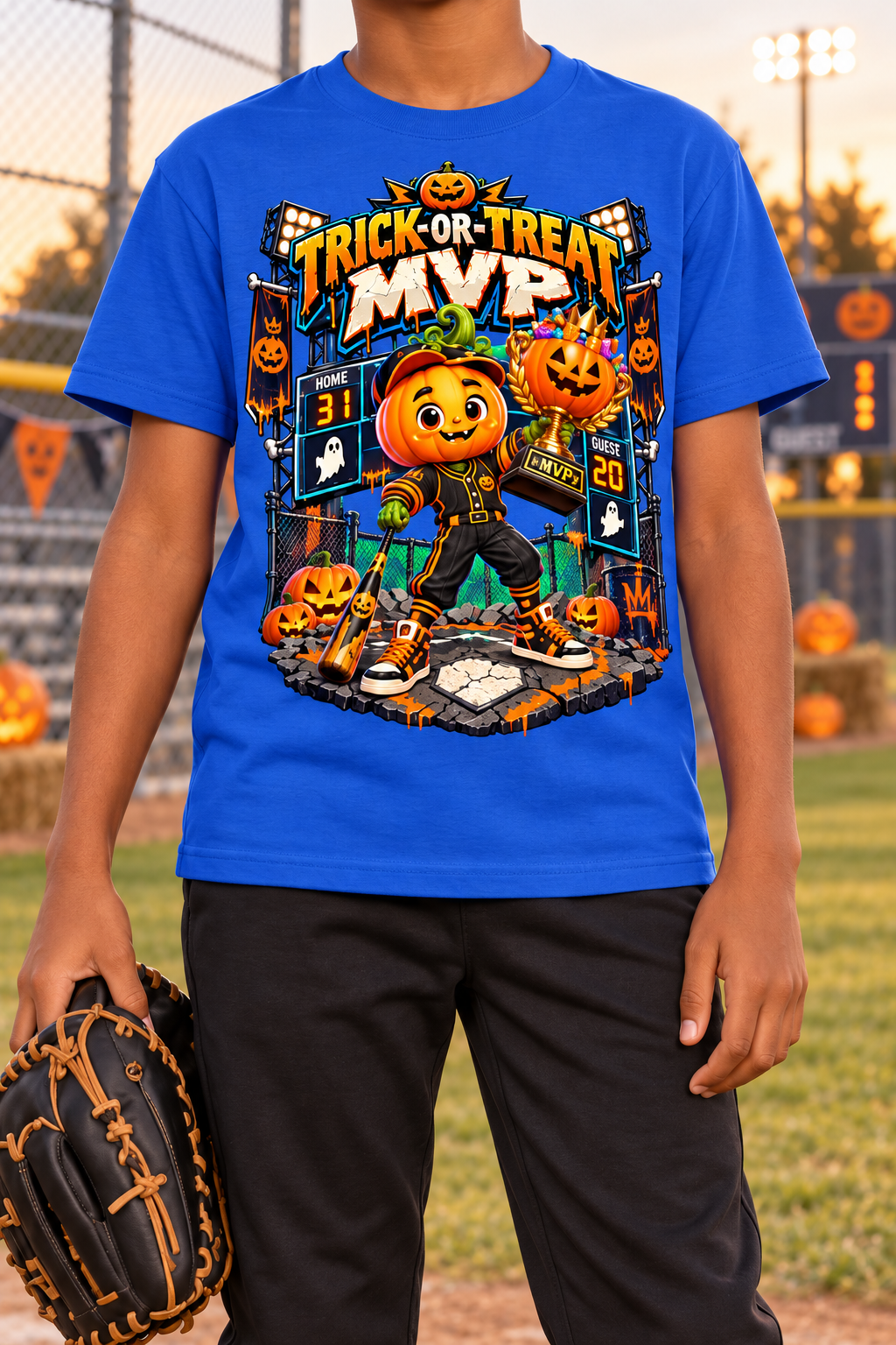 Halloween Pumpkin Sports Graphic T-Shirt - Trick-or-Treat MVP - Youth Unisex Tee